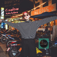 Free Shipping-BLACK / WHITE HIGH NECK STRIPE LONG SLEEVE TEE  - Thumbnail 1