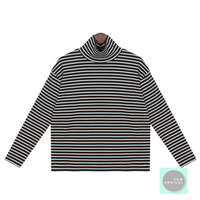 Free Shipping-BLACK / WHITE HIGH NECK STRIPE LONG SLEEVE TEE  - Thumbnail 3