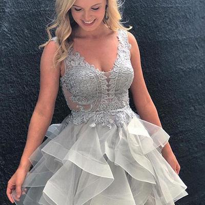 Short silver lace and tulle backless homecoming dress - Thumbnail 5