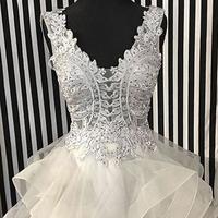 Short Silver Lace and Tulle Backless Homecoming Dress - Thumbnail 1