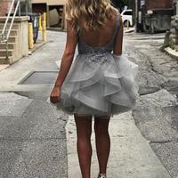 Short Silver Lace and Tulle Backless Homecoming Dress - Thumbnail 2