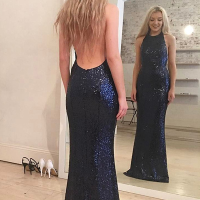Navy blue sexy hater backless mermaid long sequins prom evening dress plus size  p92