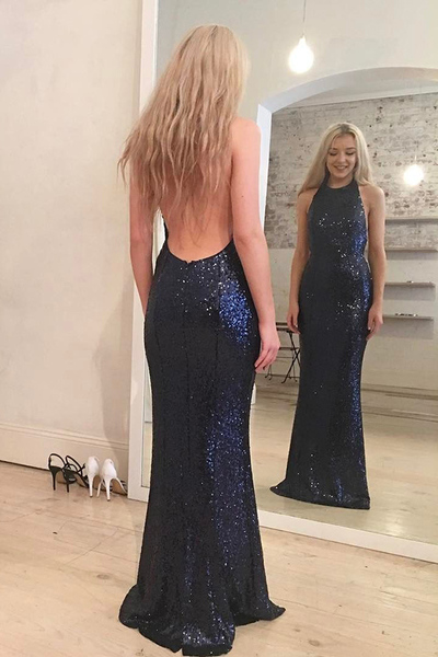 Navy Blue Sexy Hater Backless Mermaid Long Sequins Prom Evening Dress Plus Size  P92