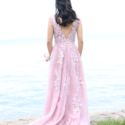 Glamorous a-line v-neck backless long lace appliques pink prom evening dresses p95