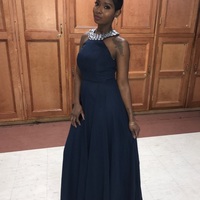 Cheap Halter Backless A-line Long Chiffon Rhinestones Prom Party Dresses Plus Size Evening Formal Dress P97 - Thumbnail 2