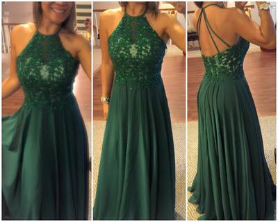 Sexy Halter Backless A-line Long Lace Appliques Beaded Evening Prom Dresses Plus Size Party Dresses P100