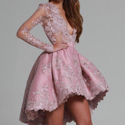 Sexy sheer deep v-neck long sleeves lace appliques beaded short prom party dresses high low prom dresses homecoming dresses e244