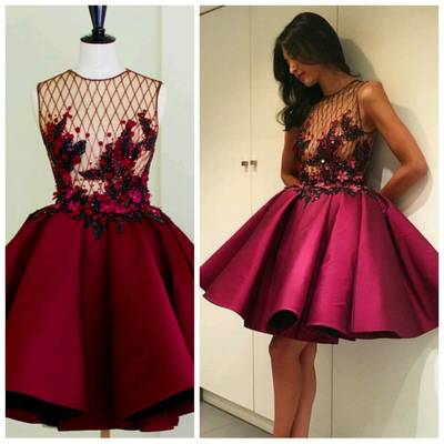 Sexy see through beaded lace appliques short prom party dresses burgundy homecoming dresses e249