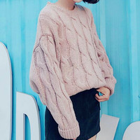 Pink / Red Retro Cable Knitted Sweater - Thumbnail 1