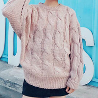 Pink / Red Retro Cable Knitted Sweater - Thumbnail 2