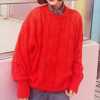 Pink / Red Retro Cable Knitted Sweater - Thumbnail 3