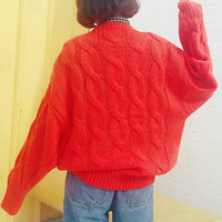 Pink / Red Retro Cable Knitted Sweater - Thumbnail 4