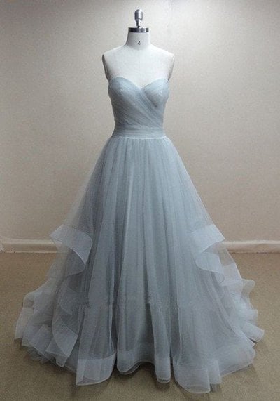 Grey Tulle Prom Dresses, Long Party Gowns, Tulle Prom Gowns