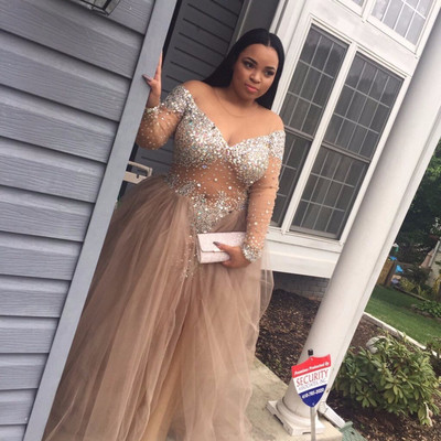 Plus size prom dresses sexy sheer long sleeves beaded crystal rhinestones detachable skirt prom evening dresses e274
