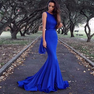 Simple O-neck Royal Blue Long Mermaid Prom Evening Dresses Plus Size Prom Party Dresses E275