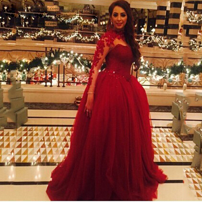 Vintage long sleeves lace evening dresses high neck ball gown beaded red prom dresses e277