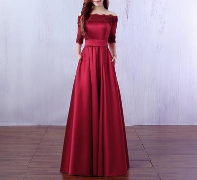 Short Sleeves Off Shoulder Satin Long Prom Dress, Burgundy Prom Dresses, Party Gowns