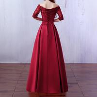 Short Sleeves Off Shoulder Satin Long Prom Dress, Burgundy Prom Dresses, Party Gowns - Thumbnail 1