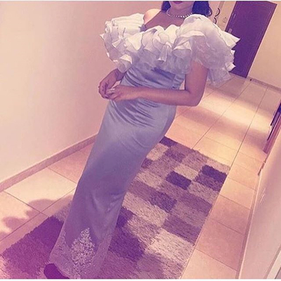 Fashion one-shoulder straight satin organza ruffles long lace appliques prom evening gowns e288