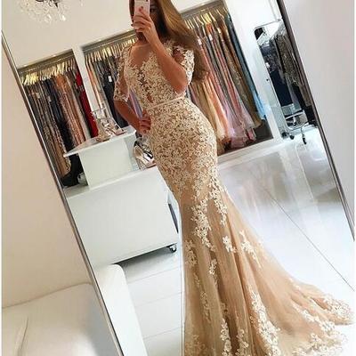 Fashion half sleeves long lace appliques beaded prom evening dresses mermaid evening formal dress e290