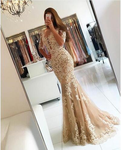 Fashion Half Sleeves Long Lace Appliques Beaded Prom Evening Dresses Mermaid Evening Formal Dress E290
