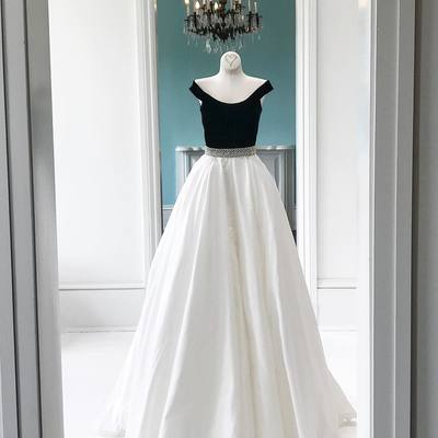 Simple white off shoulder long prom dress, evening dresses