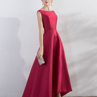 Hi-low evening dress,wine red prom dress,a line wine red bridesmaid dress