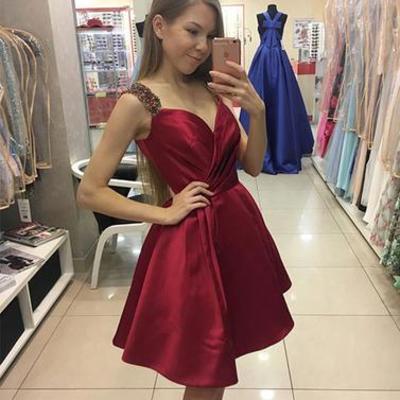 Simple burgundy satin short prom dress, burgundy homecoming dress - Thumbnail 4