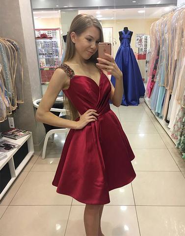 Simple burgundy satin short prom dress, burgundy homecoming dress
