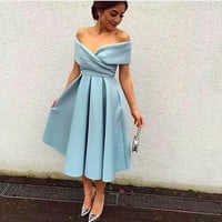 Cute light blue off shoulder short prom dress, cocktail dress - Thumbnail 1