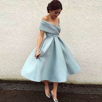 Cute light blue off shoulder short prom dress, cocktail dress - Thumbnail 2