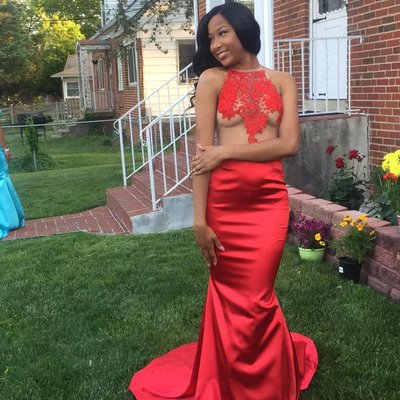 Sexy sheer halter backless long appliques satin mermaid prom party dresses red evening dress e294