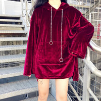 Chic Velvet Solid Oversize Hoodie - Thumbnail 1