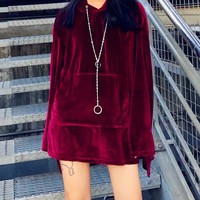 Chic Velvet Solid Oversize Hoodie - Thumbnail 2