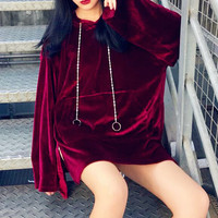 Chic Velvet Solid Oversize Hoodie - Thumbnail 3