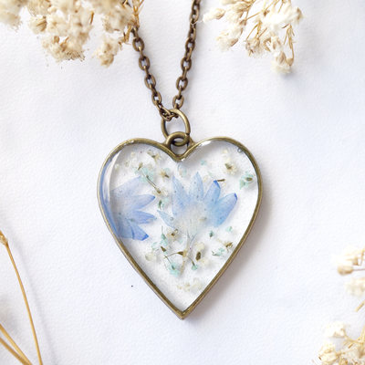 Real dried flowers in resin, heart necklace in white mint periwinkle