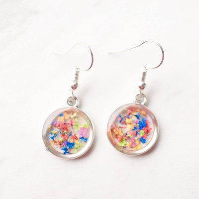 Real dried flowers and resin earrings, silver circle drops in party mix