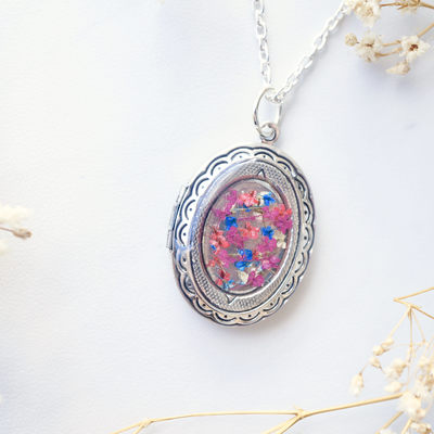 Real dried flowers in resin and silver locket necklace in pink blue white