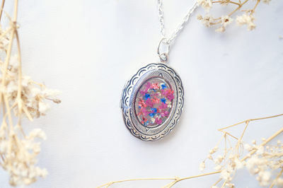 Real Dried Flowers in Resin and Silver Locket Necklace in Pink Blue White
