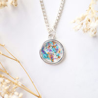 Real Dried Flowers in Resin Necklace, Small Silver Circle in Orange Purple Blue - Thumbnail 1