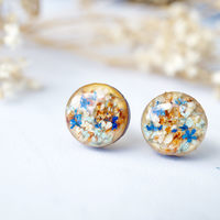 Real Dried Flowers and Resin on Wood Stud Earrings in Blue Orange Mint White - Thumbnail 1