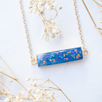 Real Dried Flowers and Resin Necklace, Blue Bar Geode in Purple Blue Orange and Gold - Thumbnail 1