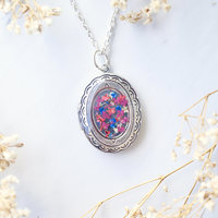 Real Dried Flowers in Resin and Silver Locket Necklace in Pink Blue White - Thumbnail 2