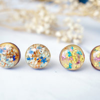 Real Dried Flowers and Resin on Wood Stud Earrings in Blue Orange Mint White - Thumbnail 2