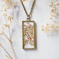 Real Pressed Flower and Resin Necklace in White Pink Orange Green Mix - Thumbnail 3