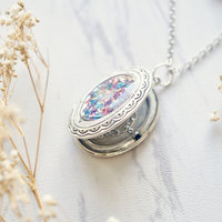 Real Dried Flowers in Resin and Silver Locket Necklace in Pink Blue White - Thumbnail 3