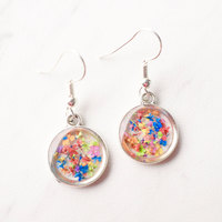 Real Dried Flowers and Resin Earrings, Silver Circle Drops in Party Mix - Thumbnail 3