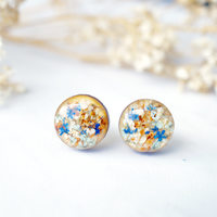 Real Dried Flowers and Resin on Wood Stud Earrings in Blue Orange Mint White - Thumbnail 3