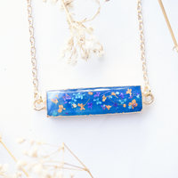 Real Dried Flowers and Resin Necklace, Blue Bar Geode in Purple Blue Orange and Gold - Thumbnail 3