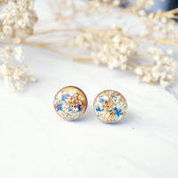 Real Dried Flowers and Resin on Wood Stud Earrings in Blue Orange Mint White - Thumbnail 5